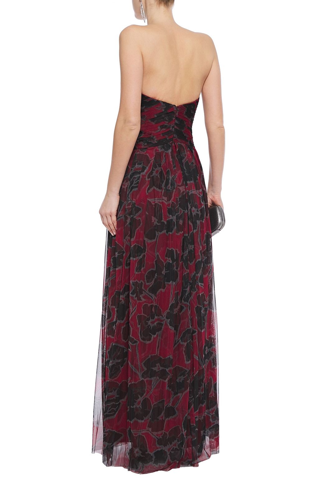 HALSTON Strapless pleated floral-print mesh gown