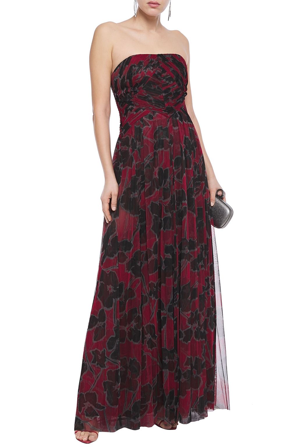 HALSTON Strapless pleated floral-print mesh gown