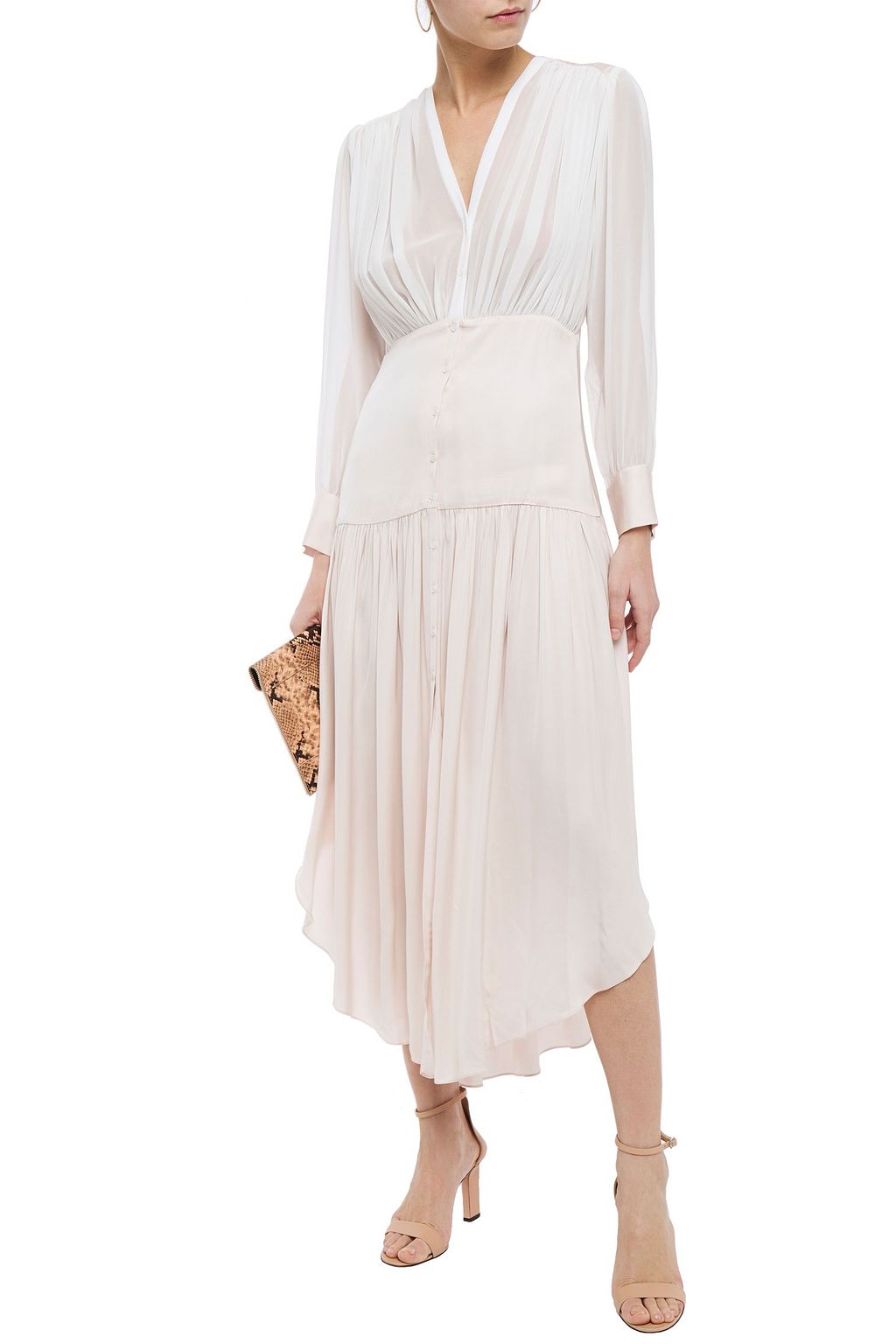 SANDRO Live asymmetric chiffon-paneled gathered satin maxi dress