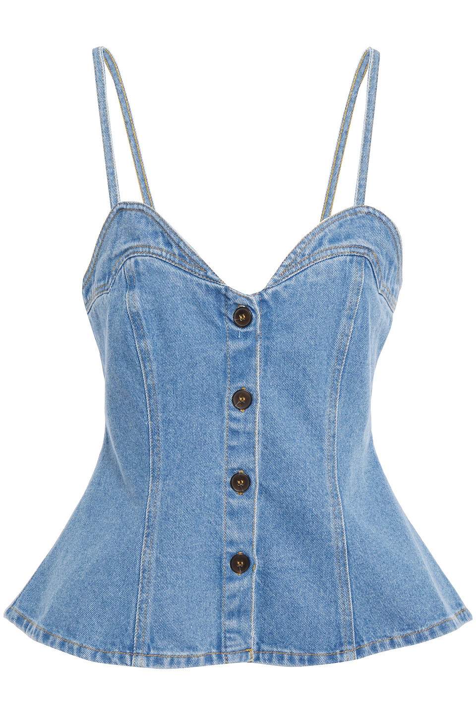 Nanushka Woman Yucca Shirred Faded Denim Peplum Top Mid Denim Size M Nanushka Woman Yucca Shirred Faded Denim Peplum Top Mid Denim Size M
