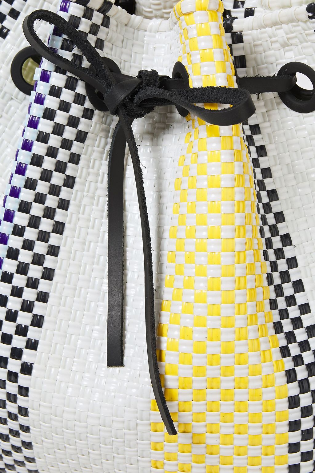 TRUSS Leather-trimmed striped woven raffia-effect bucket bag