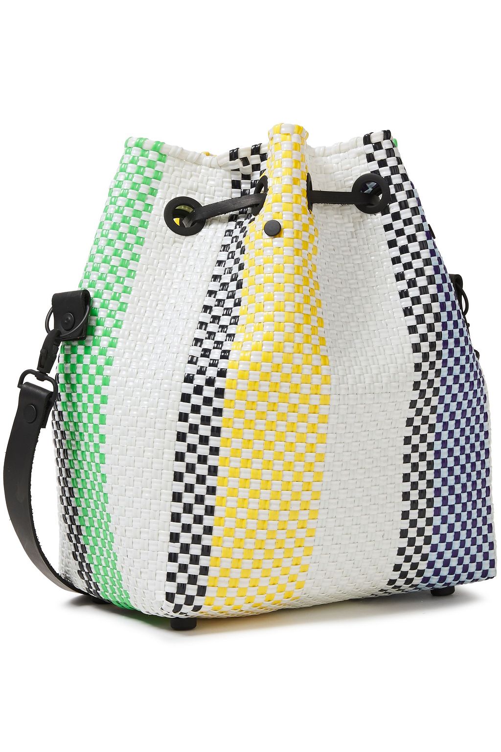 TRUSS Leather-trimmed striped woven raffia-effect bucket bag