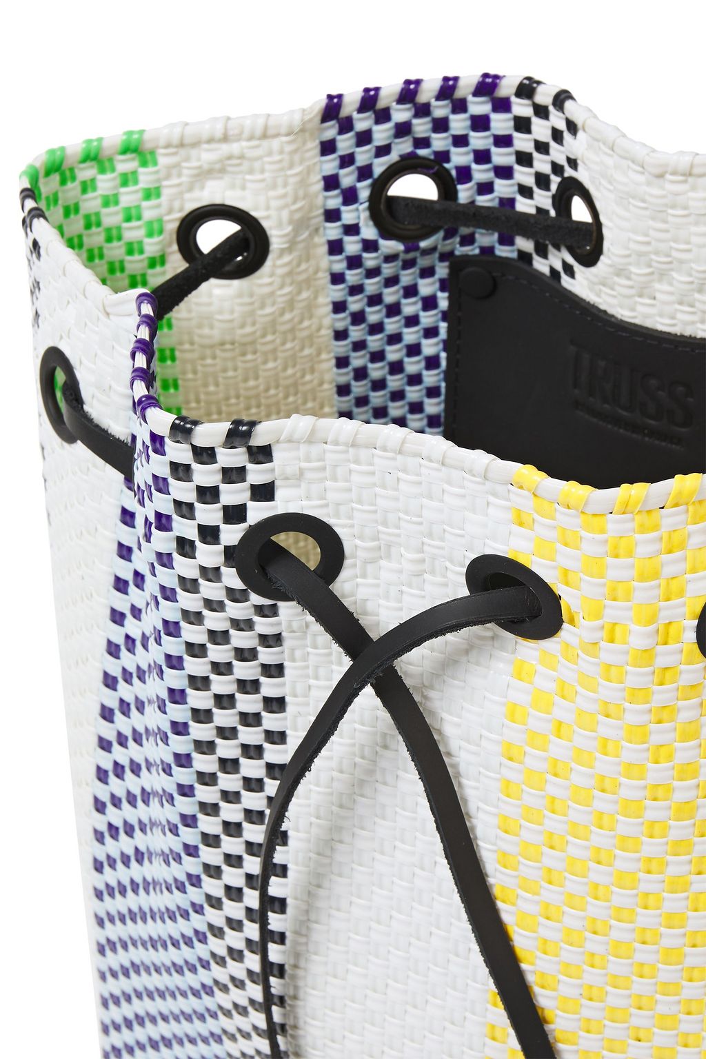 TRUSS Leather-trimmed striped woven raffia-effect bucket bag