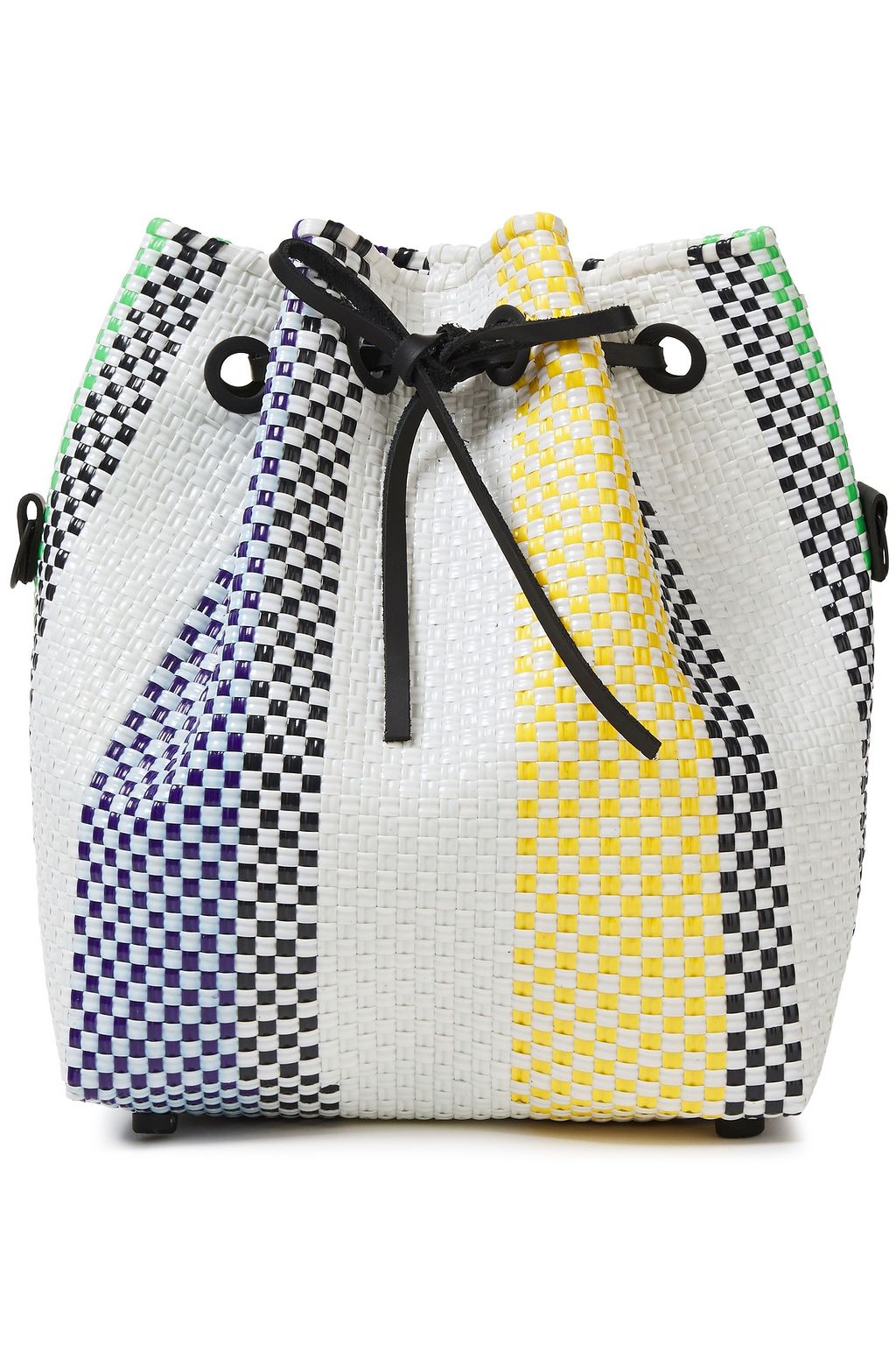 TRUSS Leather-trimmed striped woven raffia-effect bucket bag