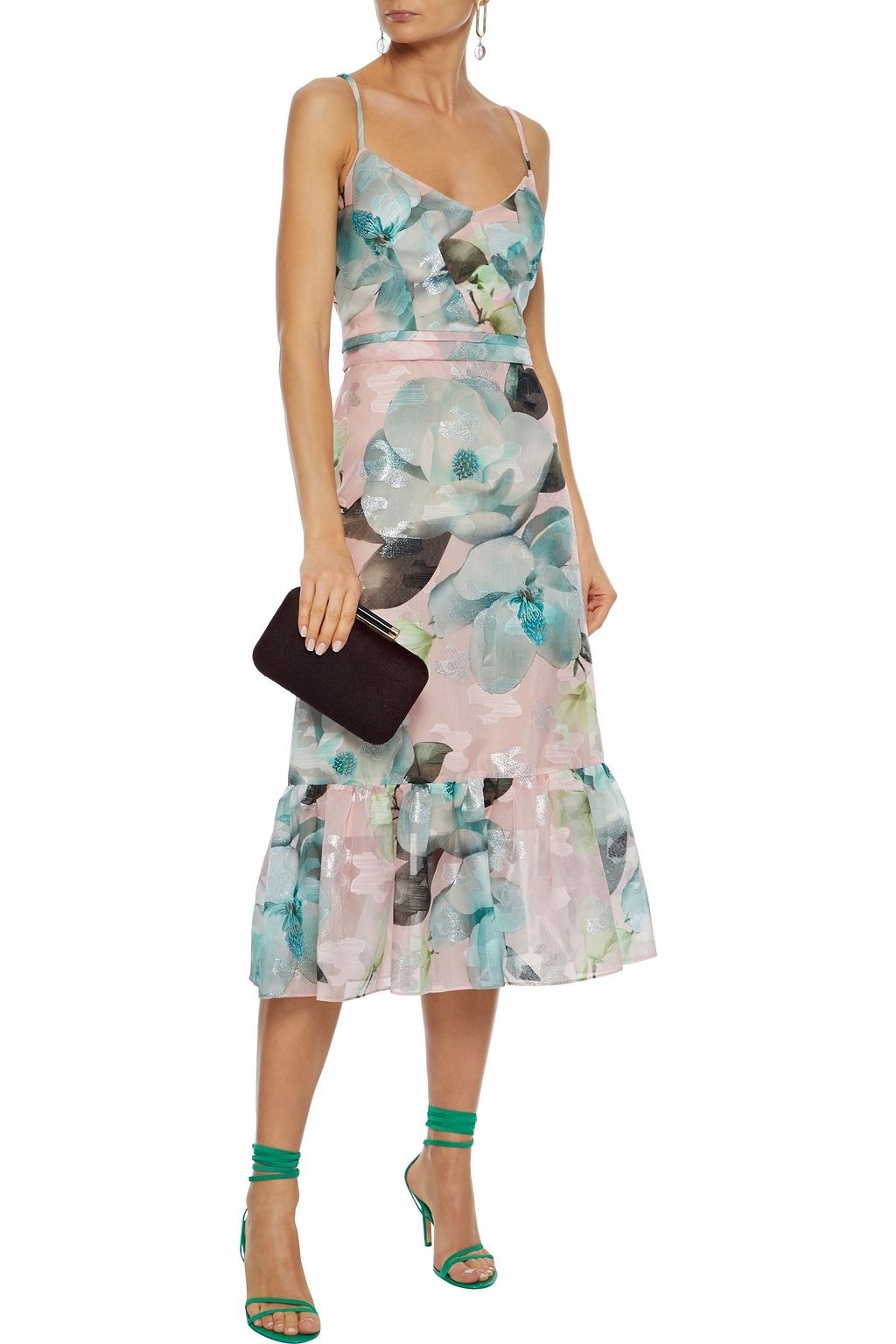 MARCHESA NOTTE Floral-print metallic fil coupé organza midi dress