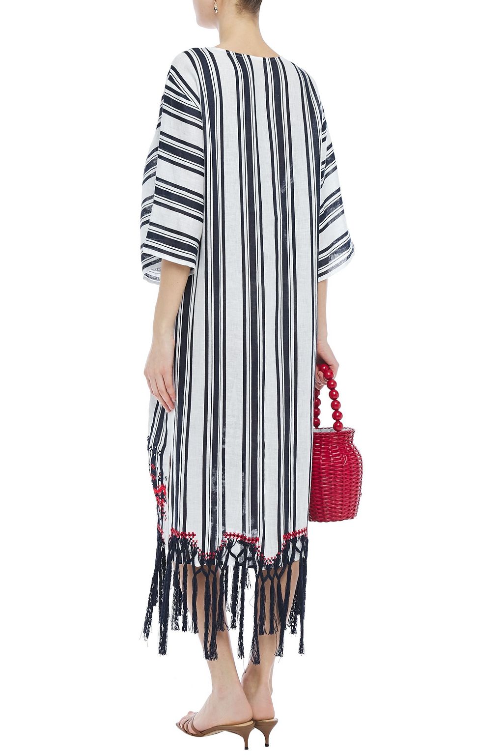 TORY BURCH Awning fringetrimmed embroidered striped linengauze kaftan