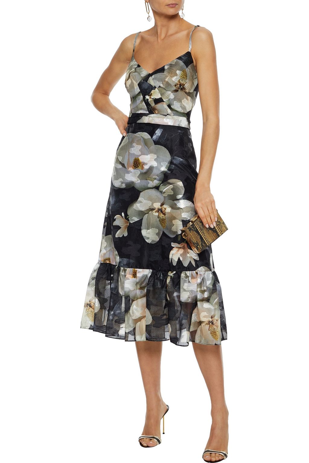 MARCHESA NOTTE Floral-print metallic fil coupé organza midi dress