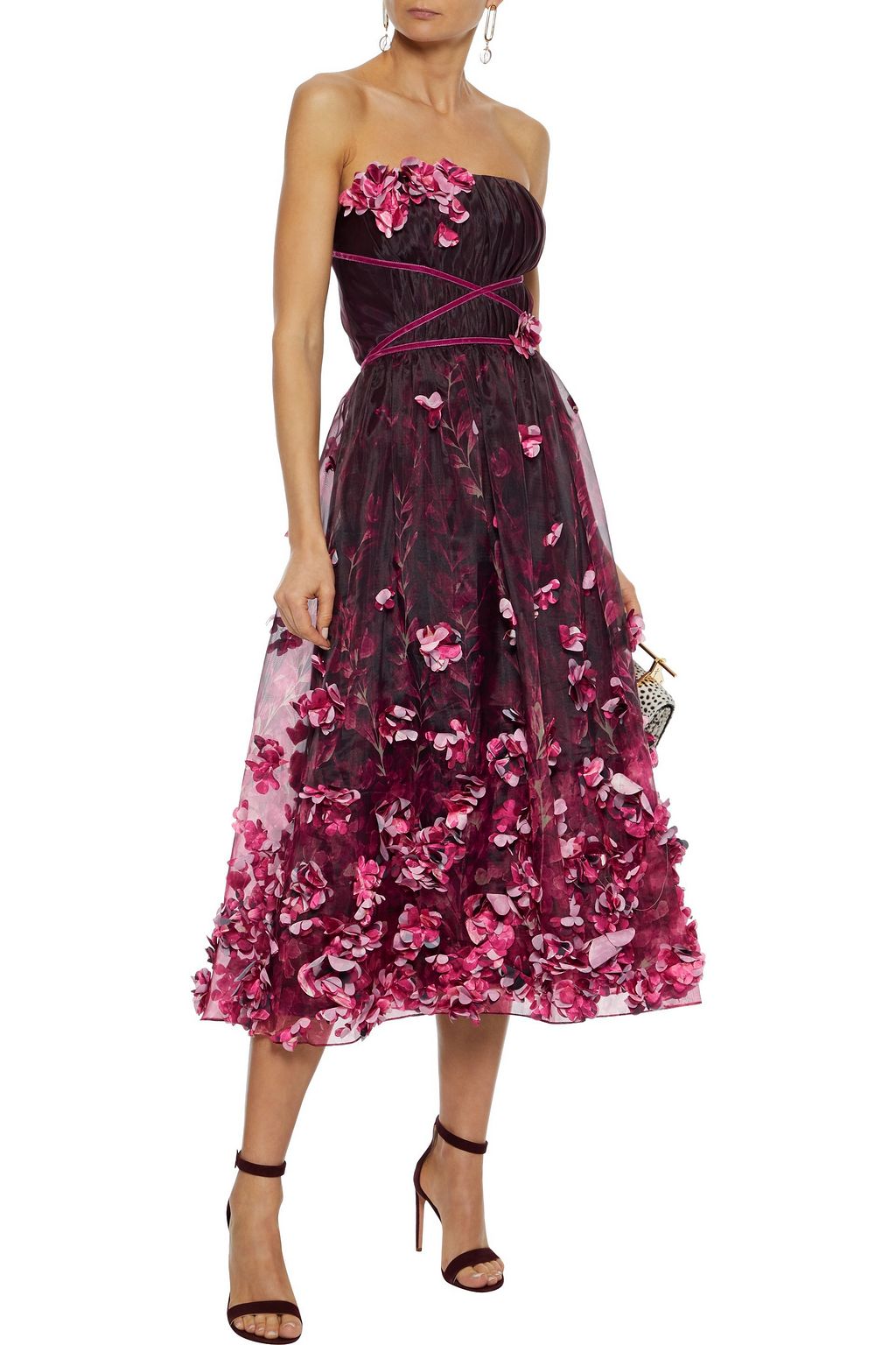 MARCHESA NOTTE Strapless floral-appliquéd printed organza midi dress ...