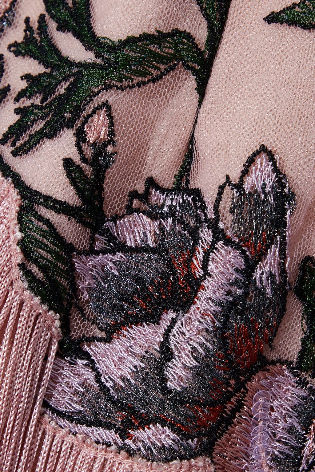 MARCHESA NOTTE Fringed embellished tulle midi dress