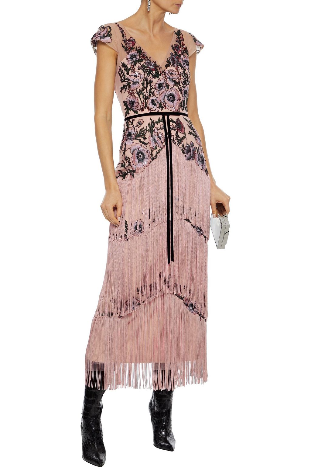 MARCHESA NOTTE Fringed embellished tulle midi dress