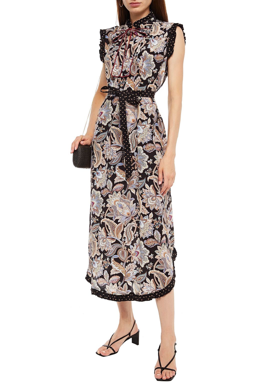 ZIMMERMANN Belted pussy-bow printed silk crepe de chine midi dress