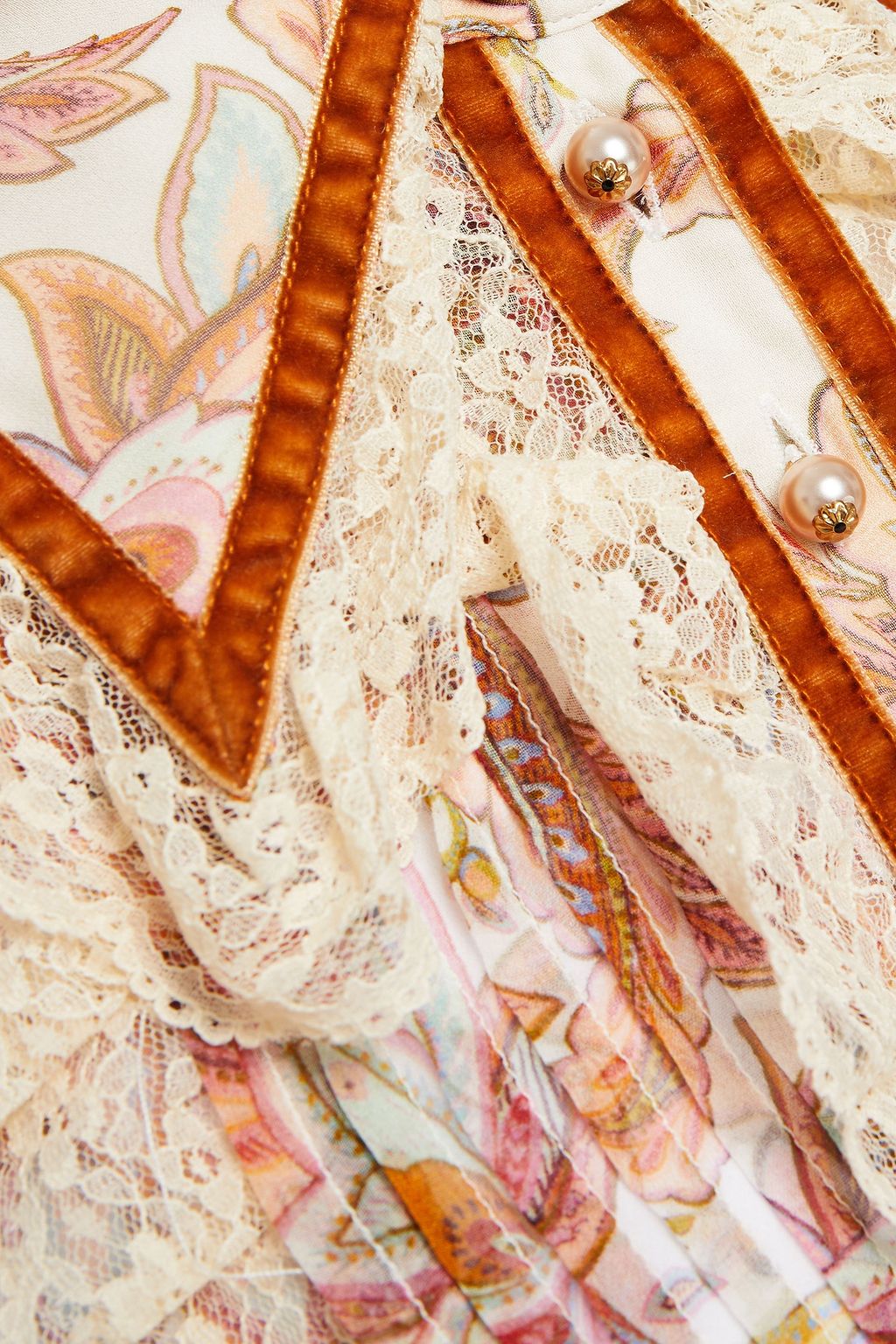 ZIMMERMANN Lucky lace-trimmed ruffled printed silk-georgette shirt