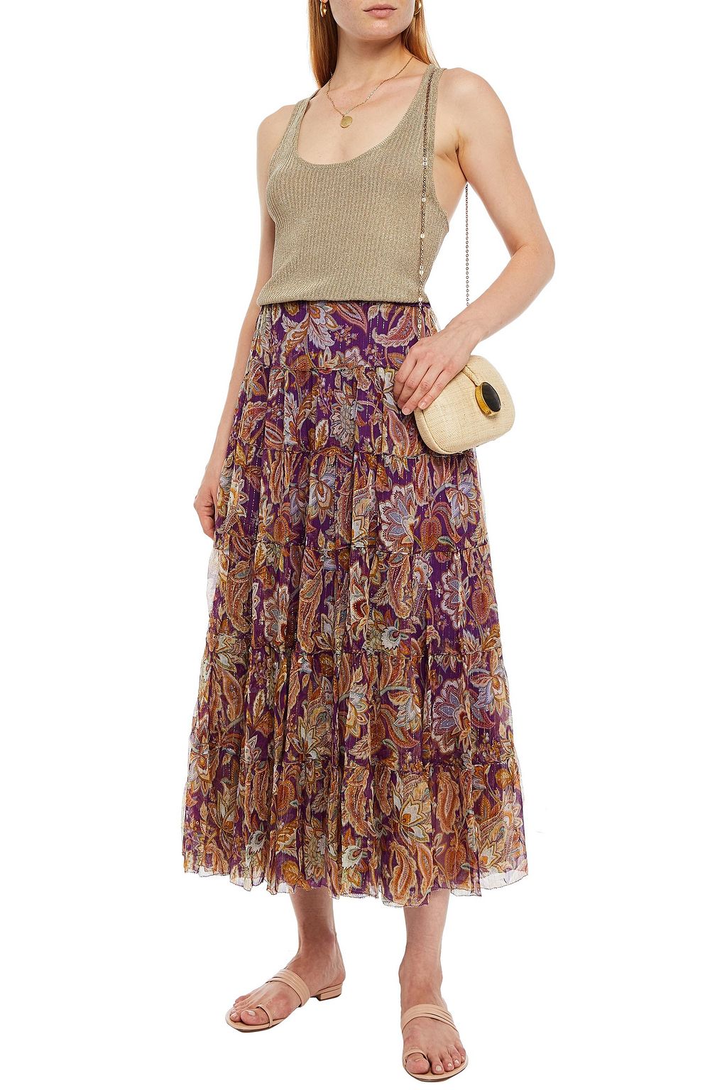 ZIMMERMANN Gathered metallic printed silk-blend crepon maxi skirt