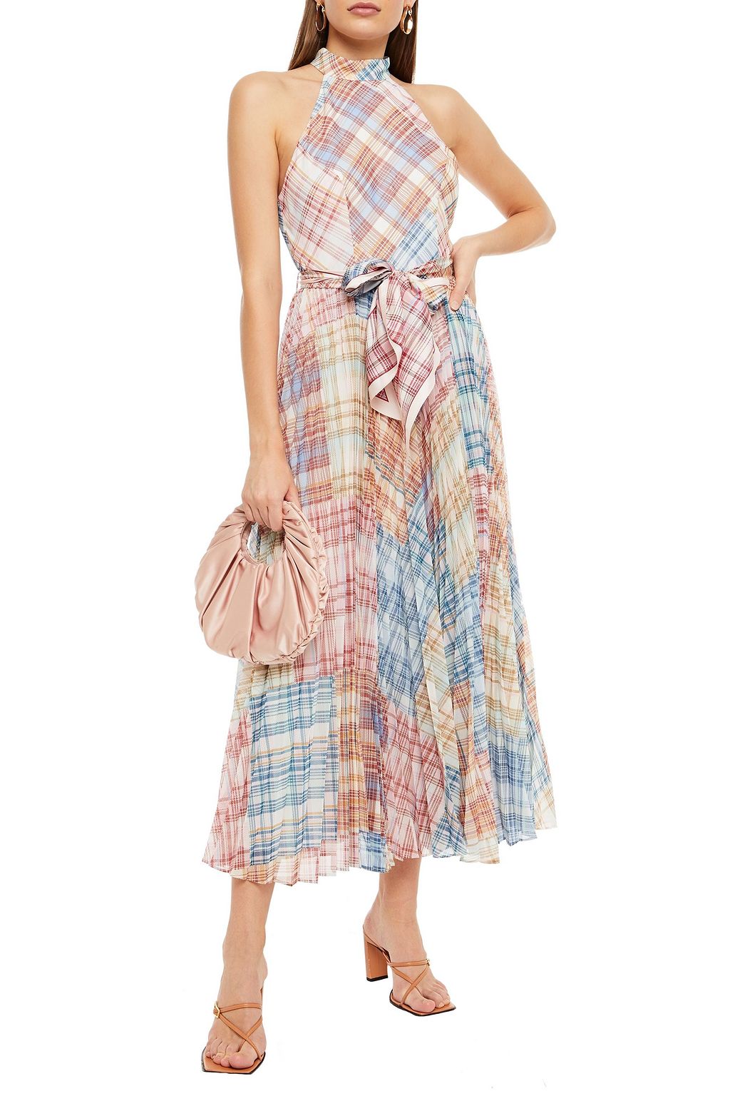 ZIMMERMANN Belted pleated checked georgette midi dress