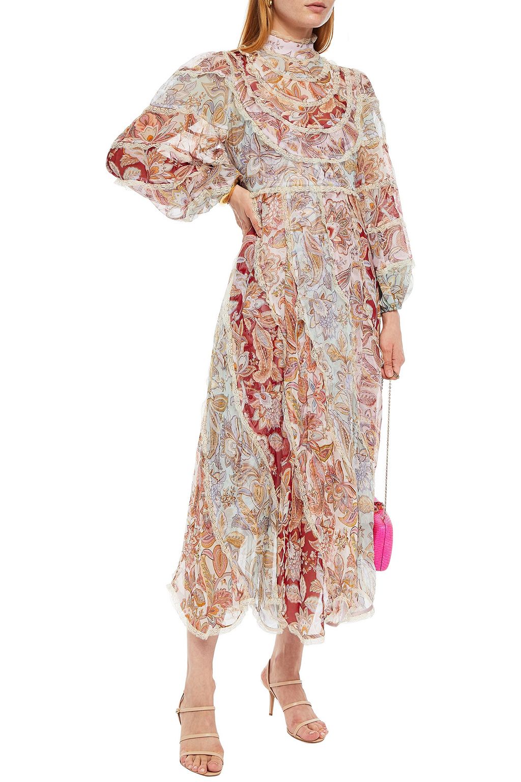 ZIMMERMANN Patchwork-effect ruffled printed silk-georgette midi dress