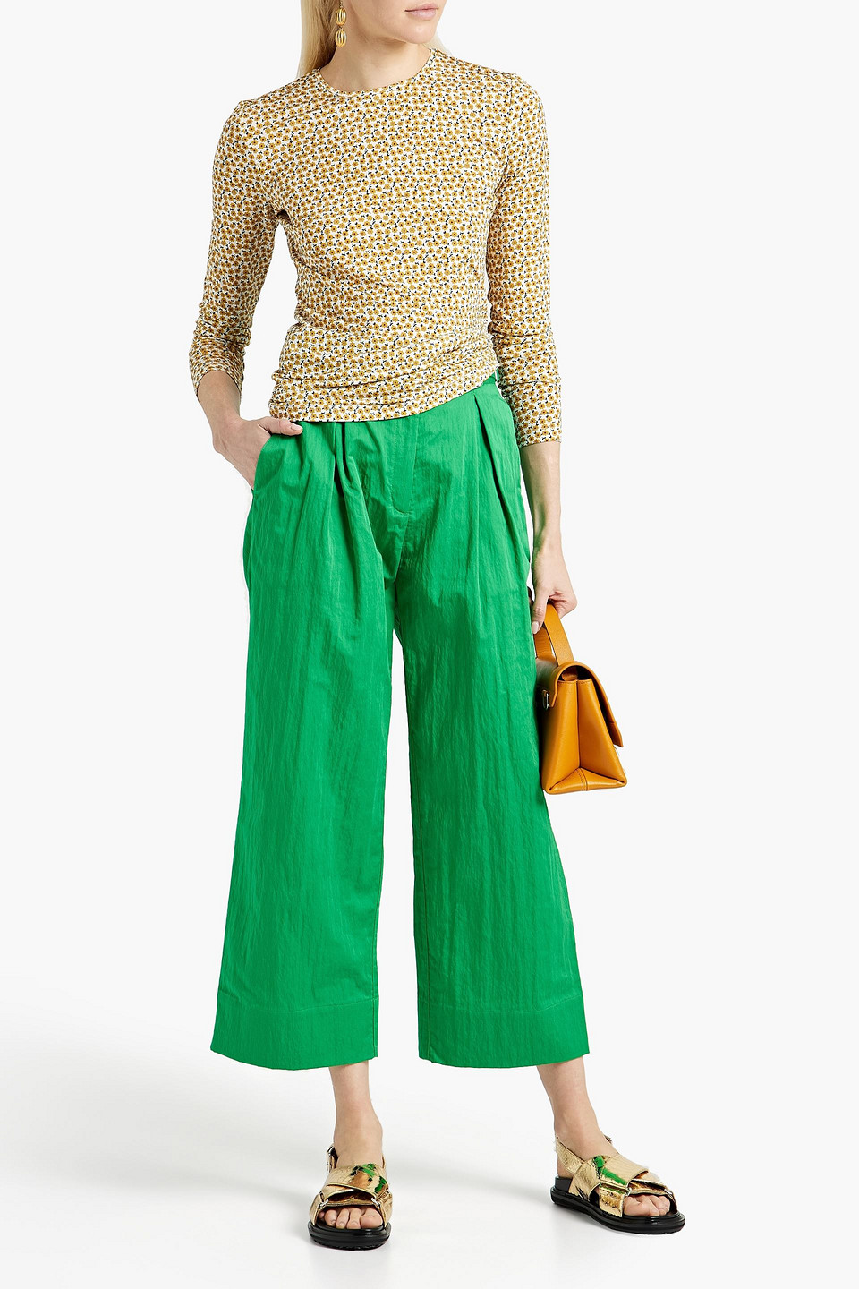 Tibi Floral-print Stretch-jersey Top In Mustard