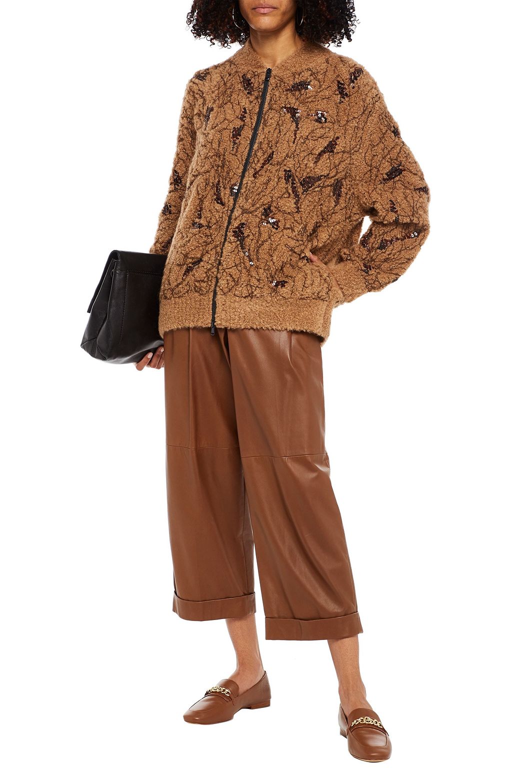 BRUNELLO CUCINELLI Embellished bouclé-knit camel and silk-blend cardigan