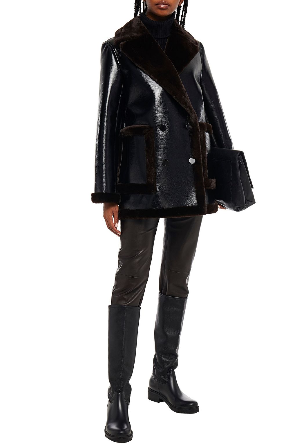 THEORY Double-breasted faux patent-leather coat