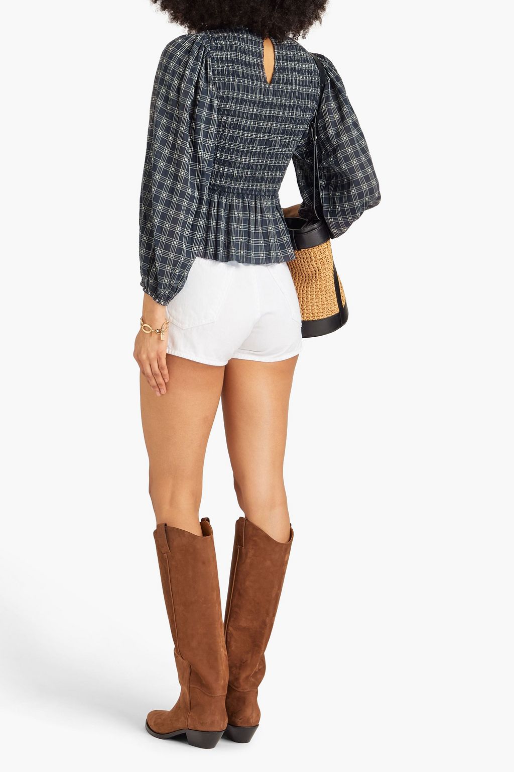 THE GREAT. The Contessa shirred Swiss dot cotton and linen-blend top