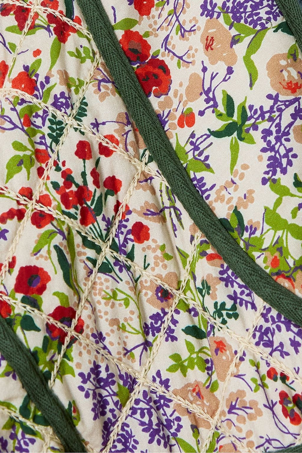 THE GREAT. Reversible distressed quilted floral-print cotton and chambray jacket
