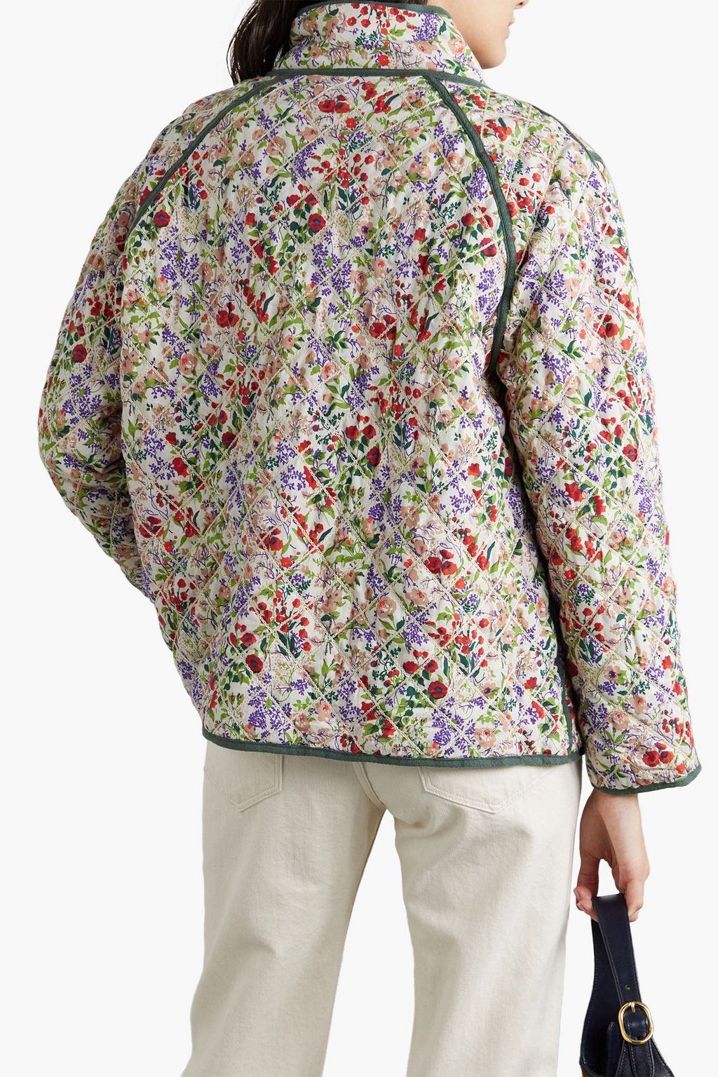 THE GREAT. Reversible distressed quilted floral-print cotton and chambray jacket