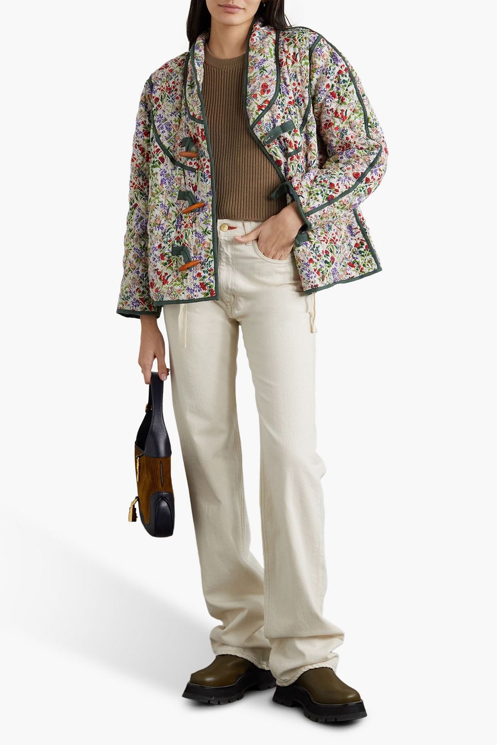 THE GREAT. Reversible distressed quilted floral-print cotton and chambray jacket