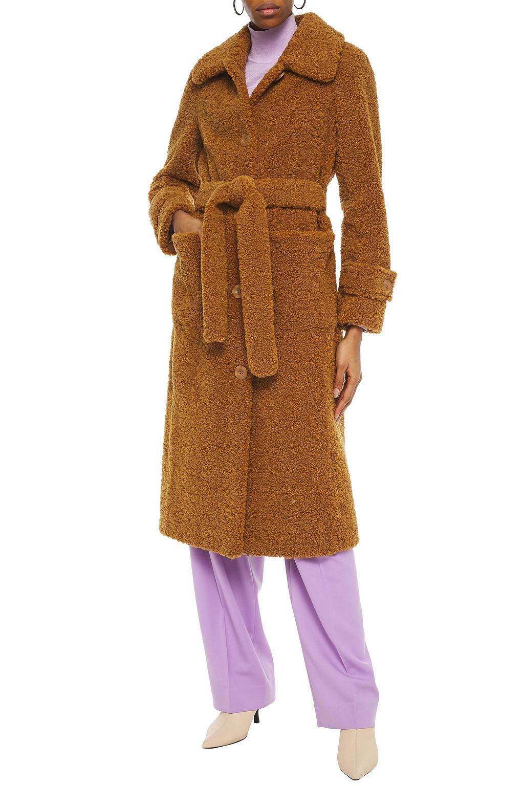 STAND STUDIO Lottie belted faux shearling coat