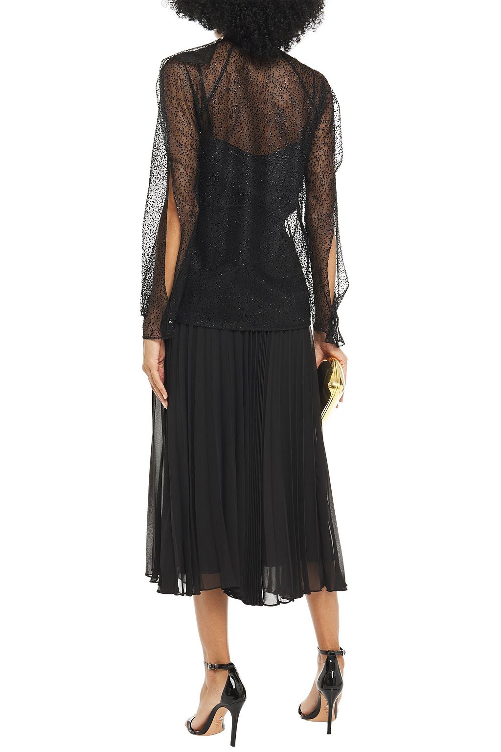 ROLAND MOURET Gaffney pussy-bow glittered flocked tulle shirt