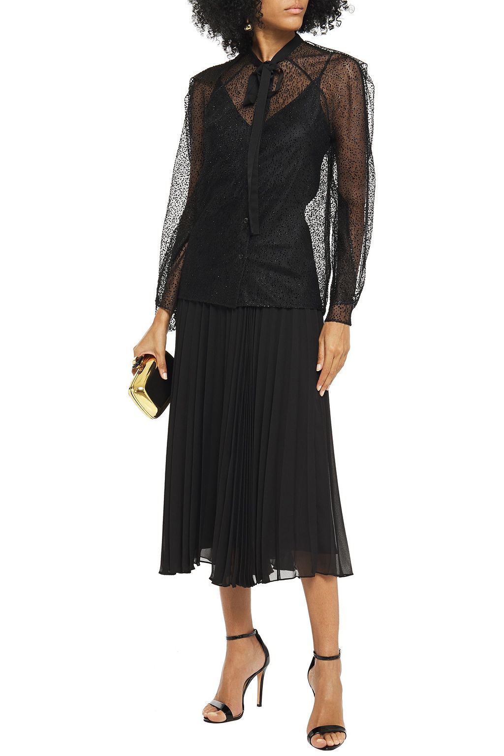 ROLAND MOURET Gaffney pussy-bow glittered flocked tulle shirt