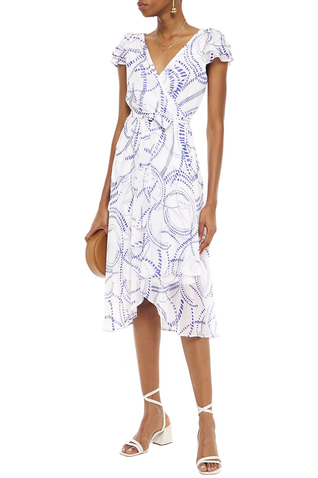 DKNY Asymmetric wrap-effect printed crepon midi dress