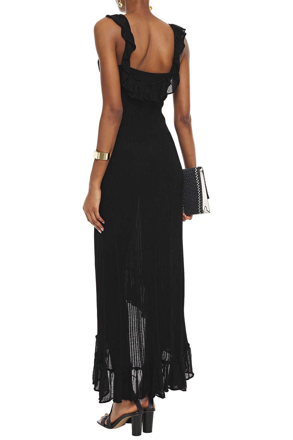 JUST CAVALLI Asymmetric ruffled ribbed-knit dress