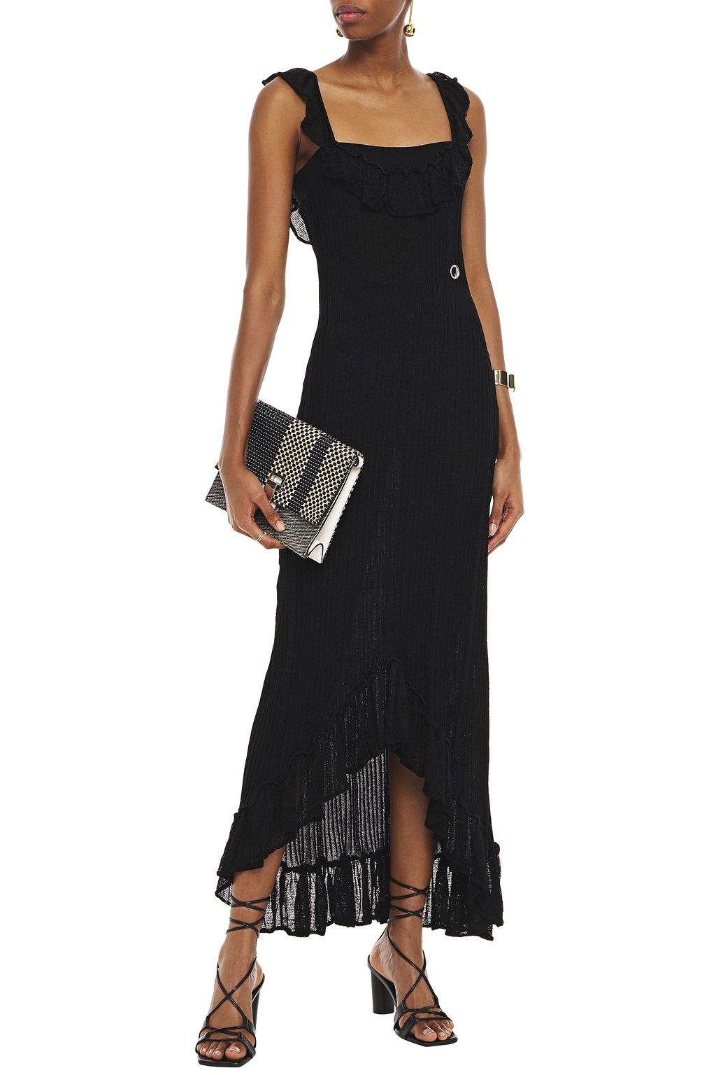 JUST CAVALLI Asymmetric ruffled ribbed-knit dress