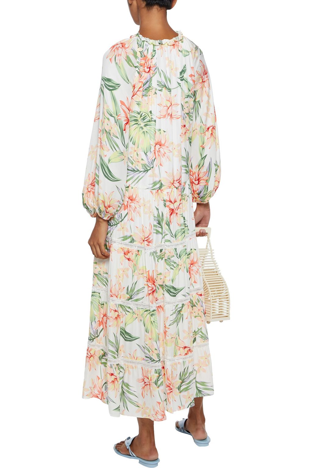 ALICE + OLIVIA Layla Midikleid aus Crêpe de Chine mit floralem Print und Häkelbesatz