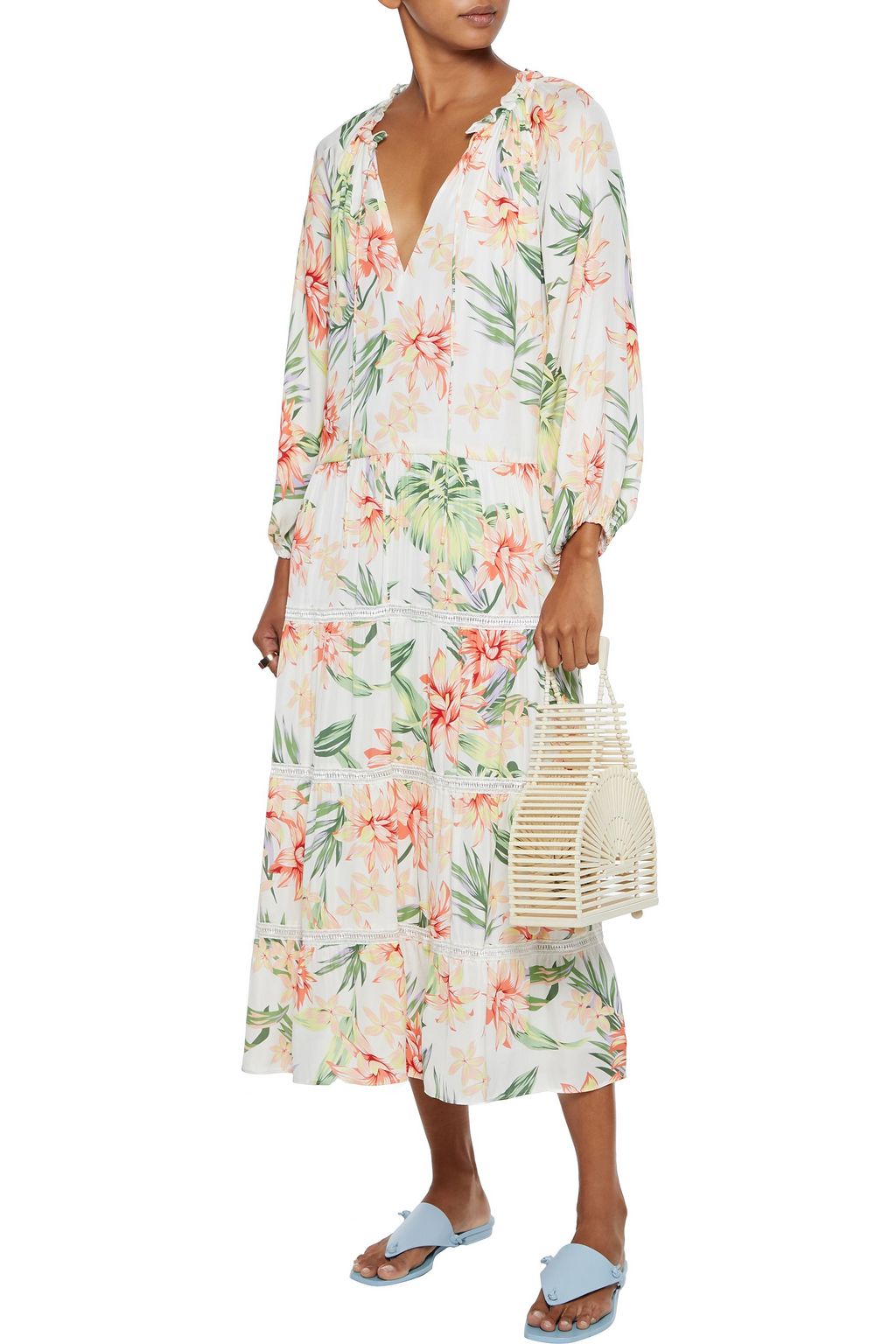 ALICE + OLIVIA Layla Midikleid aus Crêpe de Chine mit floralem Print und Häkelbesatz