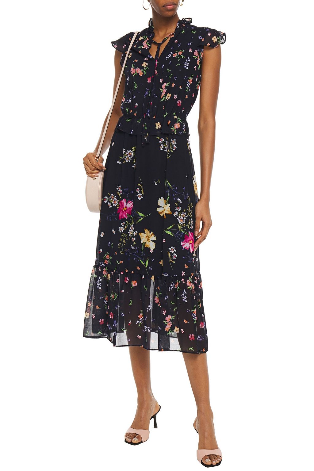 DKNY Fluted tie-neck floral-print georgette midi dress