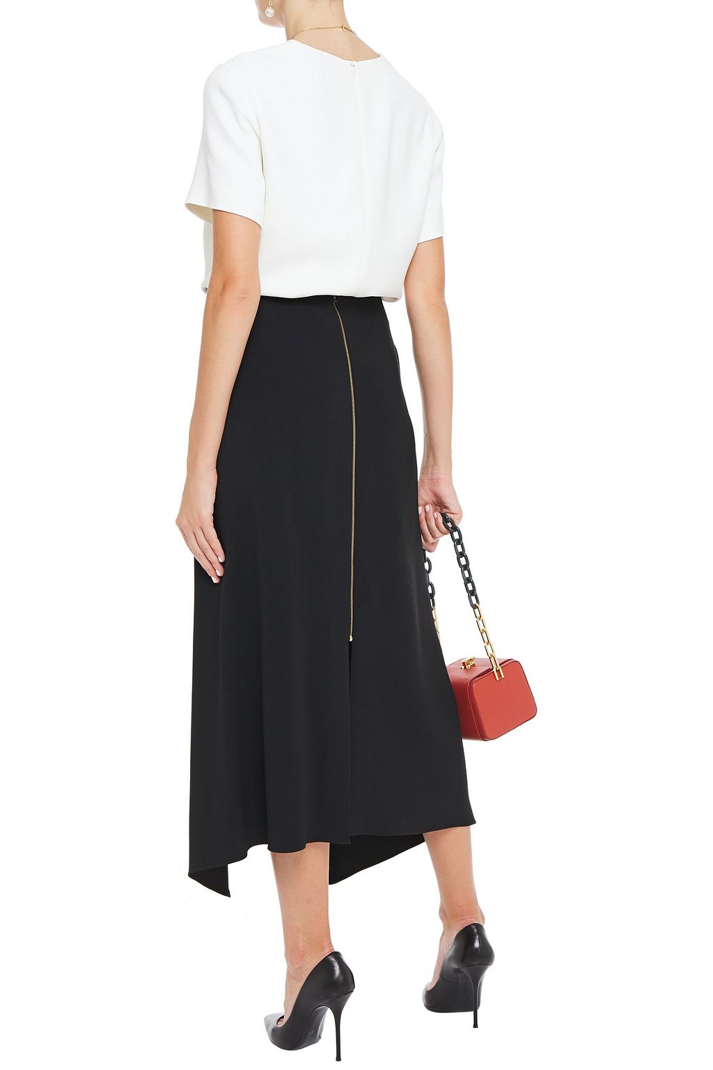 ROLAND MOURET Whiteleaf asymmetric draped stretch-crepe midi skirt