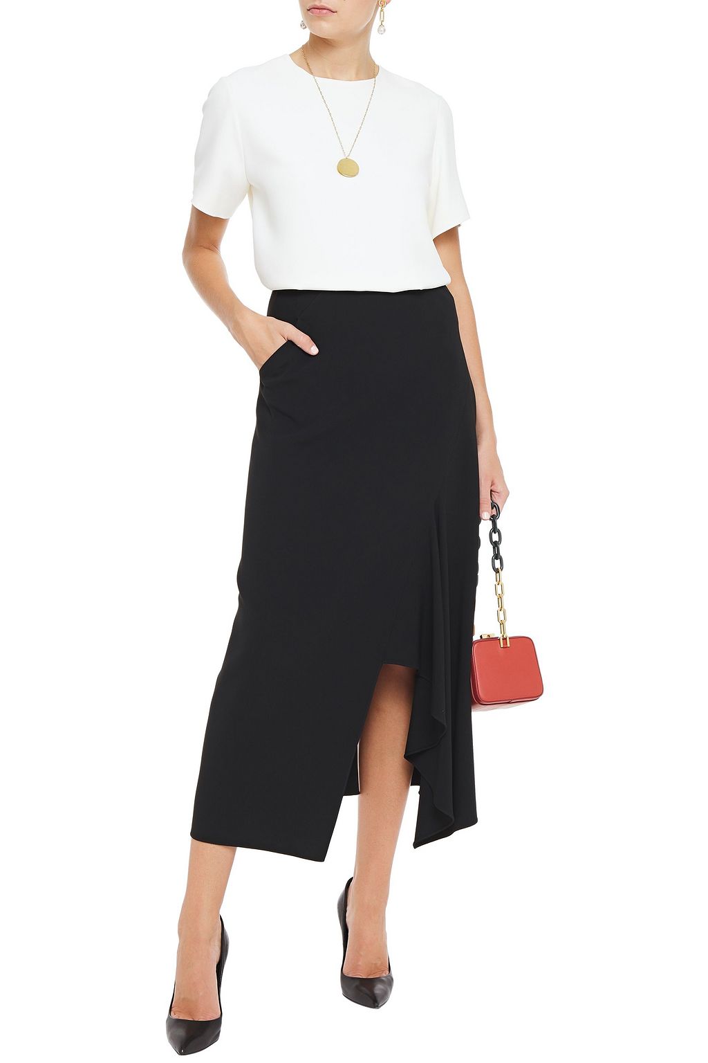 ROLAND MOURET Whiteleaf asymmetric draped stretch-crepe midi skirt