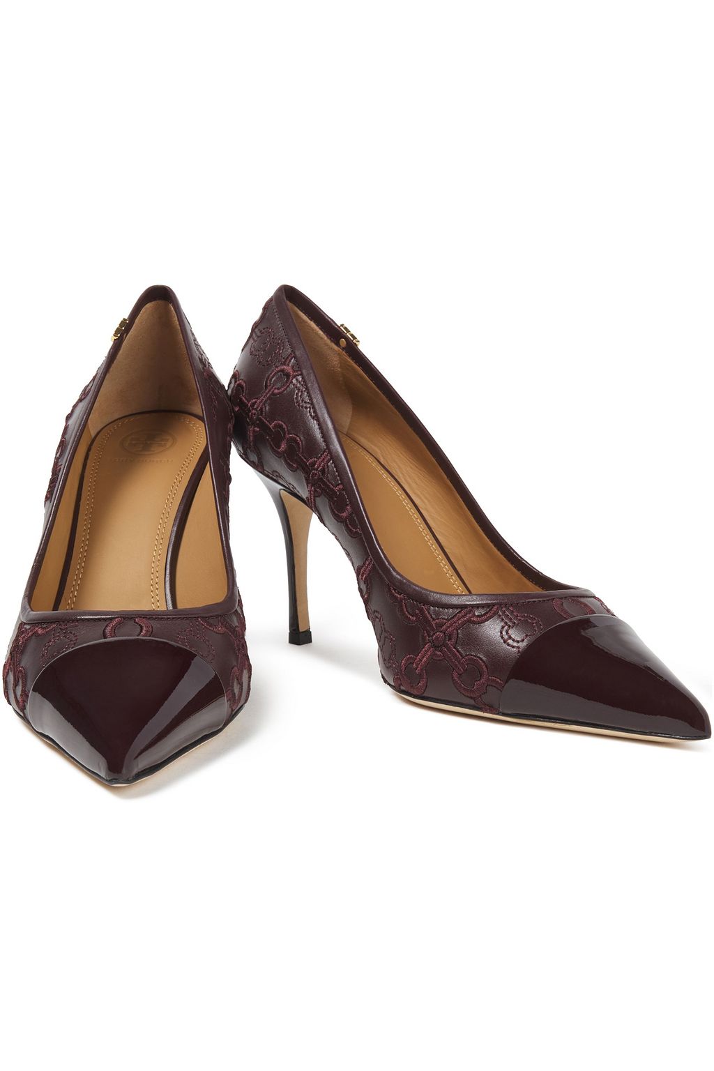 TORY BURCH Embroidered smooth and patent-leather pumps