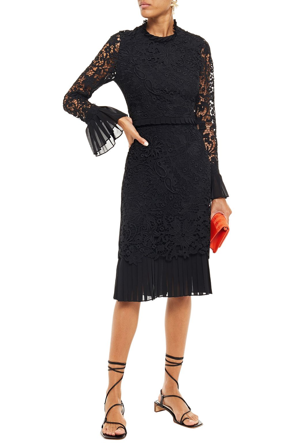 TORY BURCH Pleated georgette-trimmed guipure lace dress