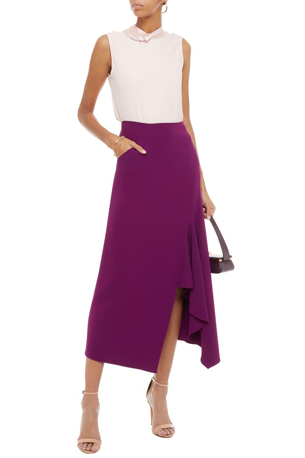 ROLAND MOURET Whiteleaf asymmetric draped stretch-crepe midi skirt