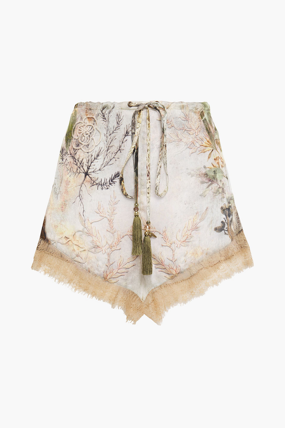 Camilla Woman Golden Age Lace-trimmed Printed Silk Crepe De Chine Shorts Sage Green Size XS