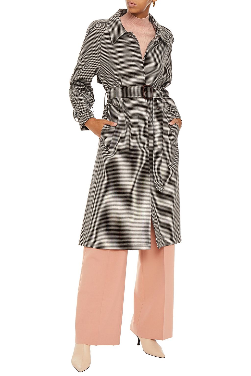 SANDRO Leather-trimmed houndstooth jacquard trench coat