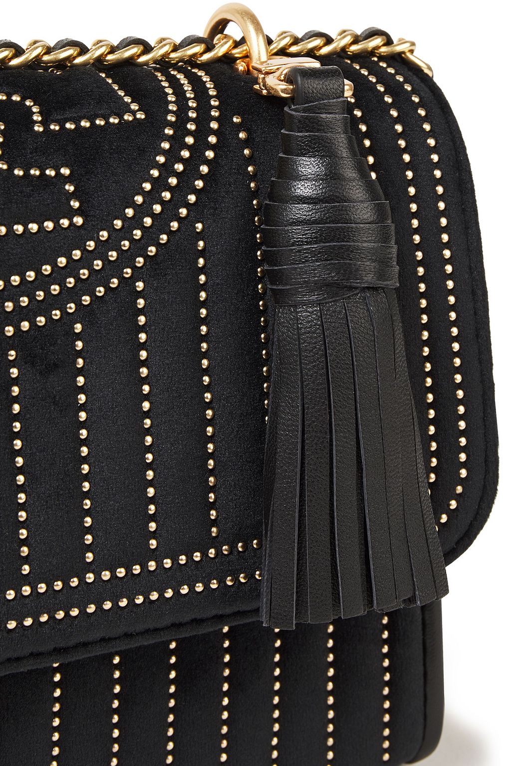 TORY BURCH Fleming tasseled studded suede shoulder bag