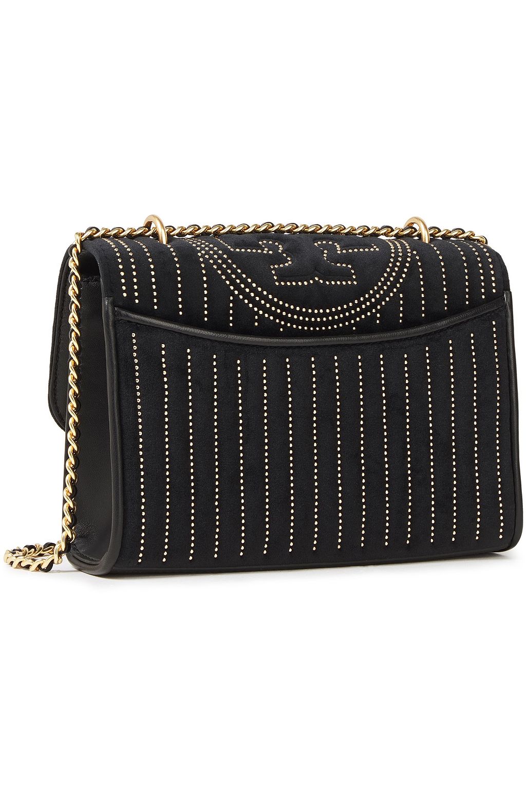 TORY BURCH Fleming tasseled studded suede shoulder bag