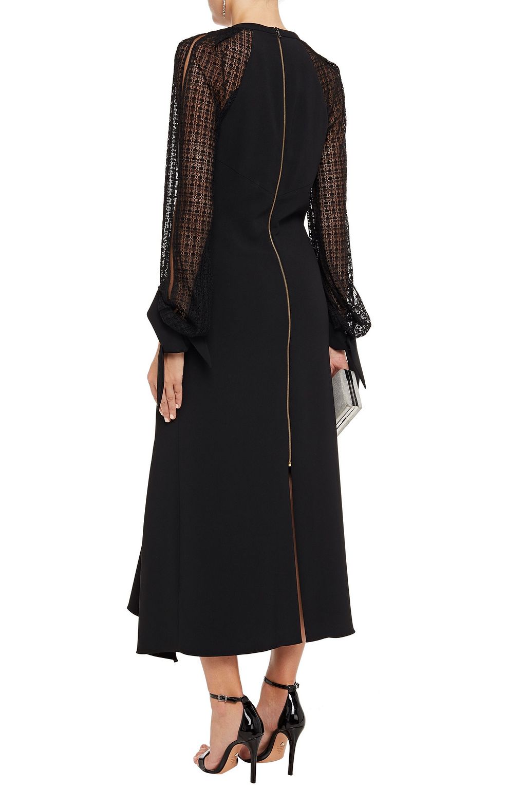 ROLAND MOURET Gunnison pussy-bow lace-paneled crepe midi dress