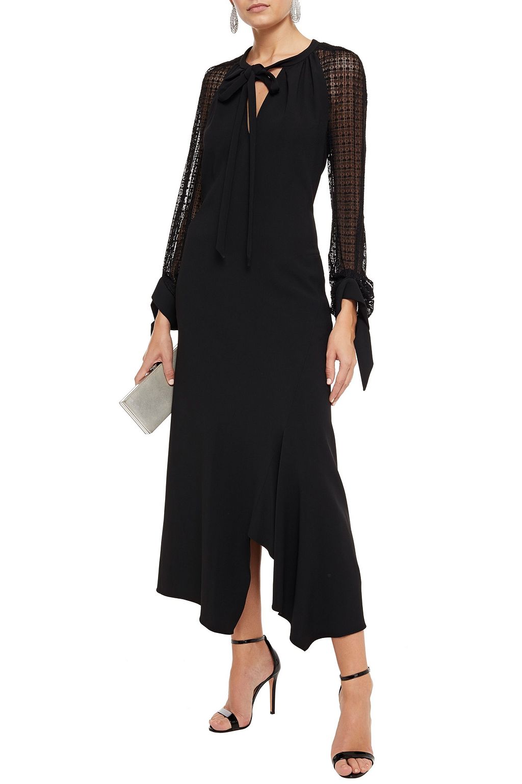 ROLAND MOURET Gunnison pussy-bow lace-paneled crepe midi dress
