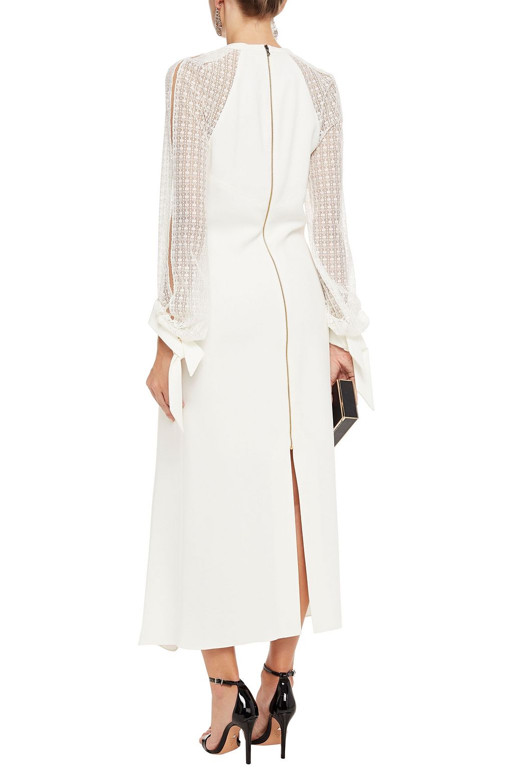 ROLAND MOURET Gunnison pussy-bow lace-paneled crepe midi dress