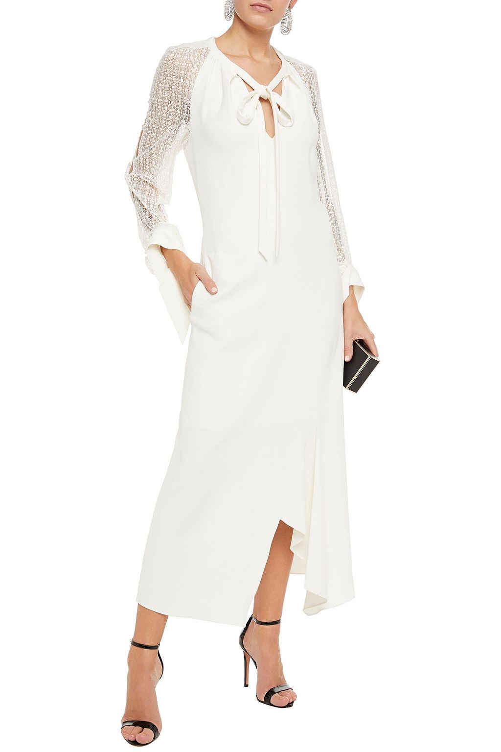 ROLAND MOURET Gunnison pussy-bow lace-paneled crepe midi dress