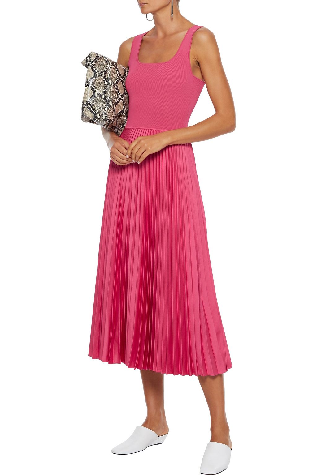 THEORY Ribbed-knit and pleated satin-crepe midi dress