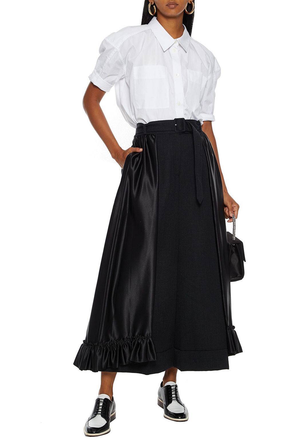 SIMONE ROCHA Cropped belted layered satin and twill wide-leg pants